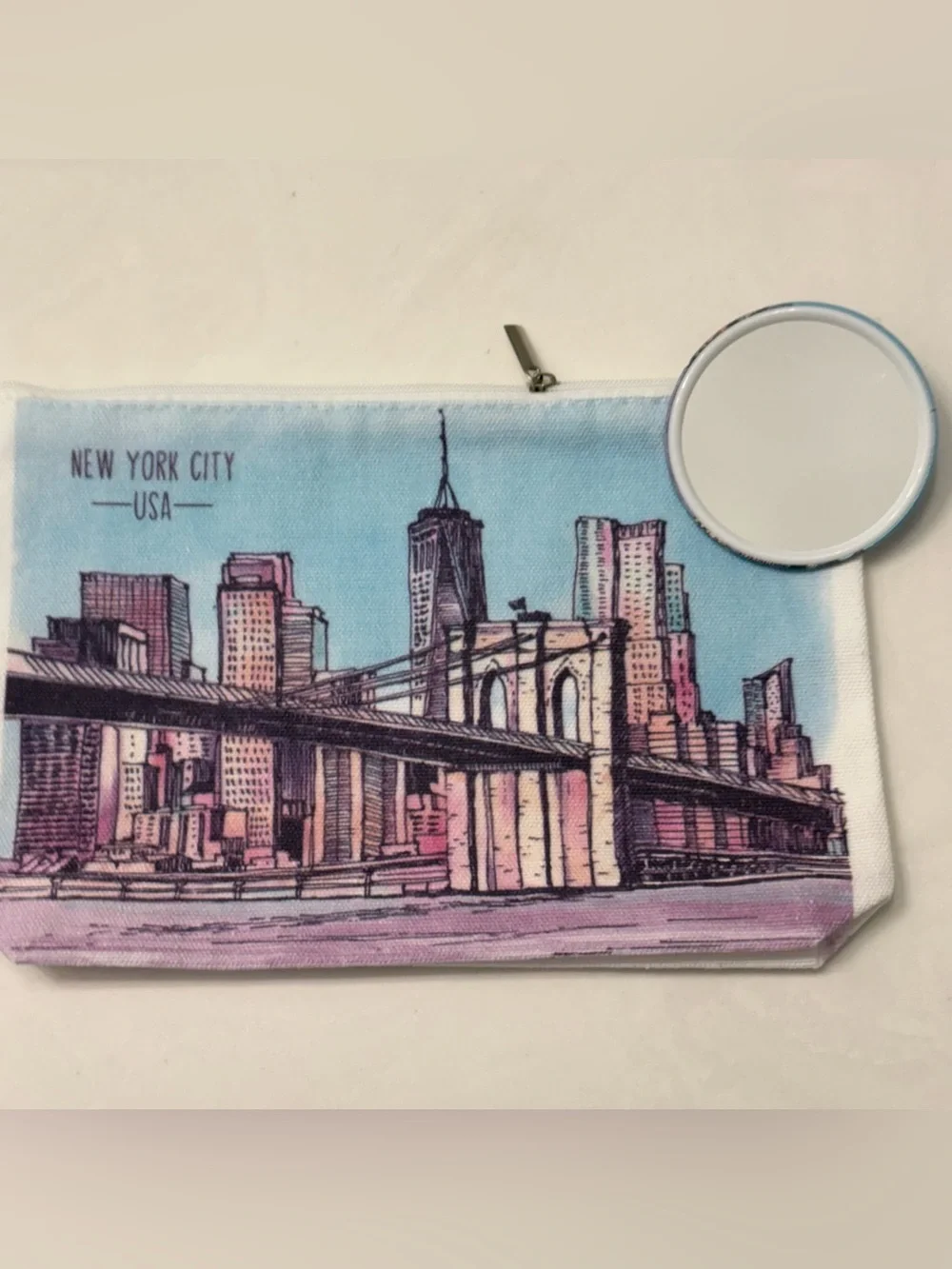 New York City Brooklyn Bridge Canvas Makeup Bag Mirror Zipper White 9x6